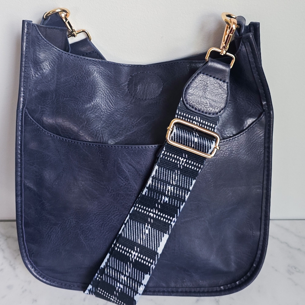 Ah-Dorned, Navy Vegan Leather Plaid Crossbody Strap Classic Messanger Bag Purse - Picture 10 of 10